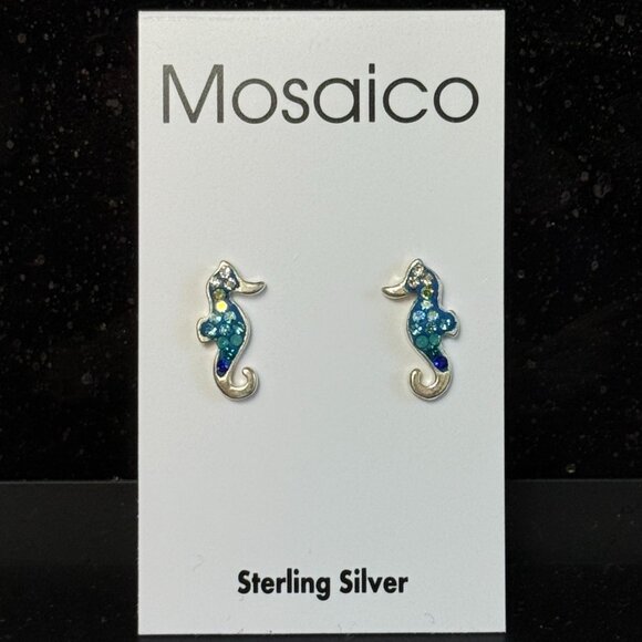 Sterling Silver Seahorse Stud Earrings Austrian Crystals Blue Glass Mosaico - Picture 1 of 7